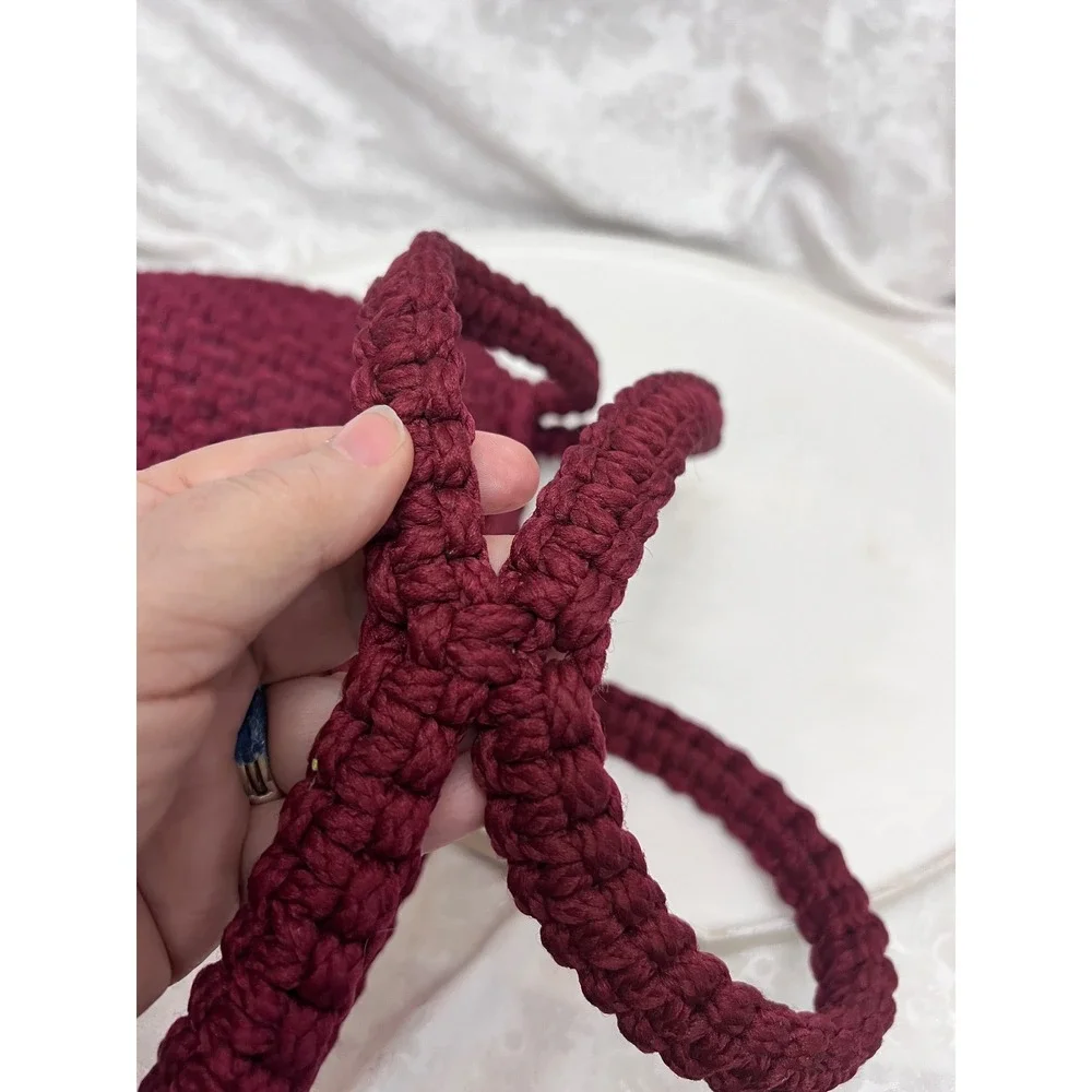 Handmade Burgundy Macrame Tote Bag Boho Lined Shoulder Bag with Pockets Wine